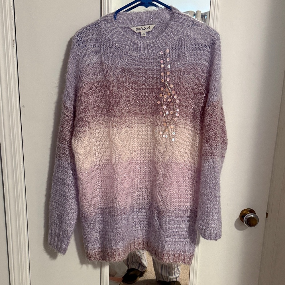 DAVI & DANI Lavender to Cream Ombre Beaded Crewneck Sweater